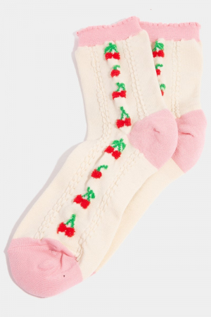 Pink Accent Cherry Embroidered Beige Socks