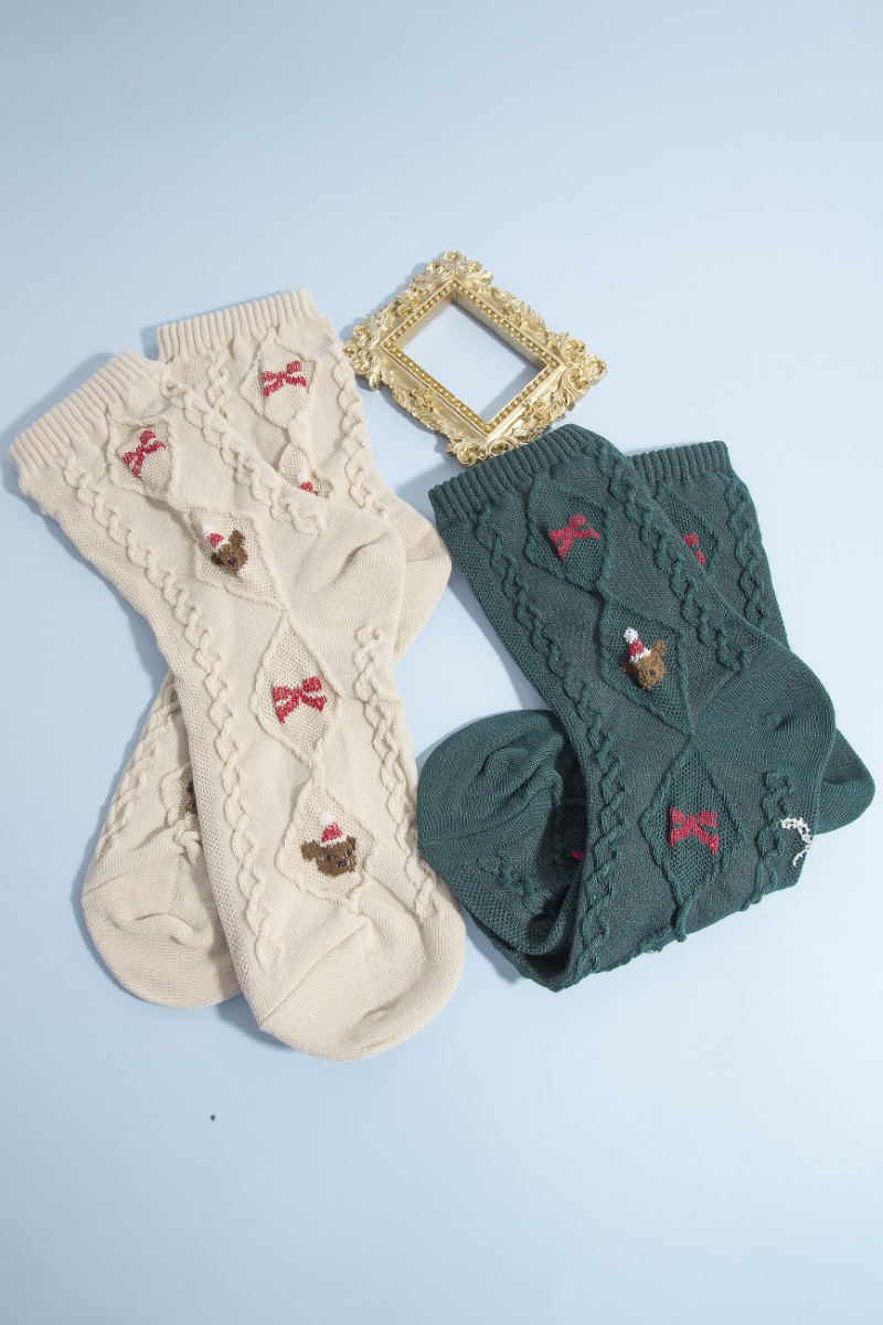 Embroidered Christmas Teddy Bear Socks