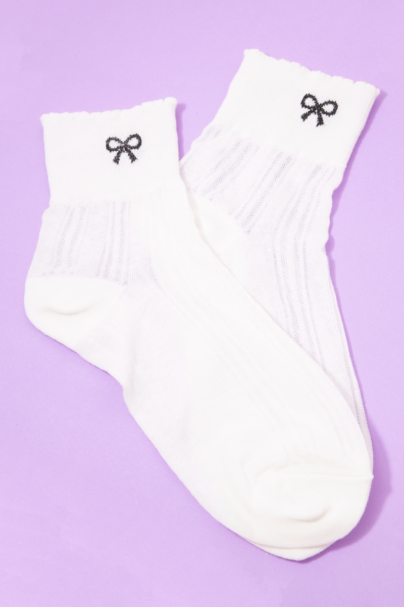 Mini Embroidered Ribbon Bow White Socks