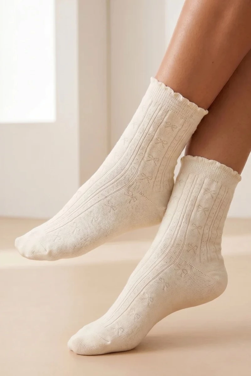 Subtle Bow Accents Beige Socks