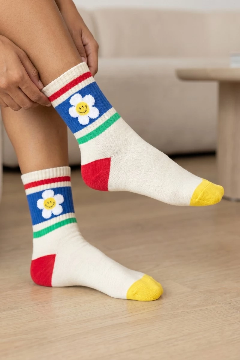 Floral Rainbow Striped Happy Face Socks