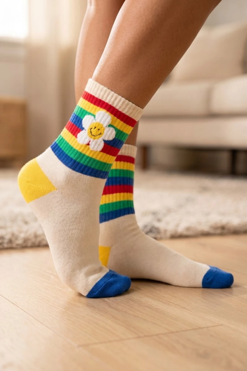 Rainbow Flower Striped Happy Face Socks