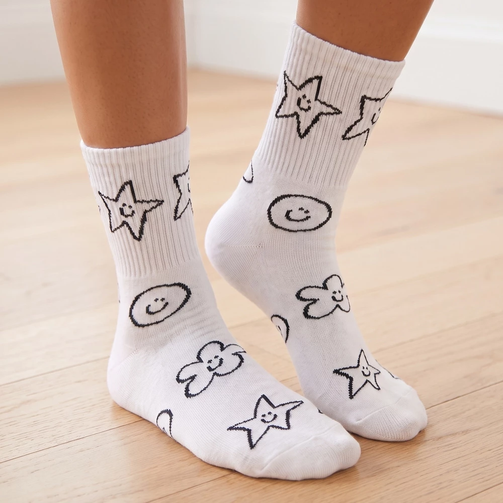 Doodle Star And Smiley Face Crew Socks