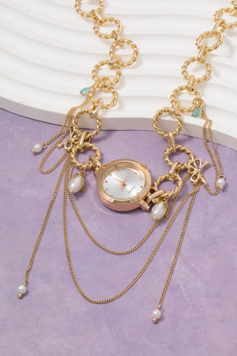 Layered Chain Assorted Charms Watch Necklace