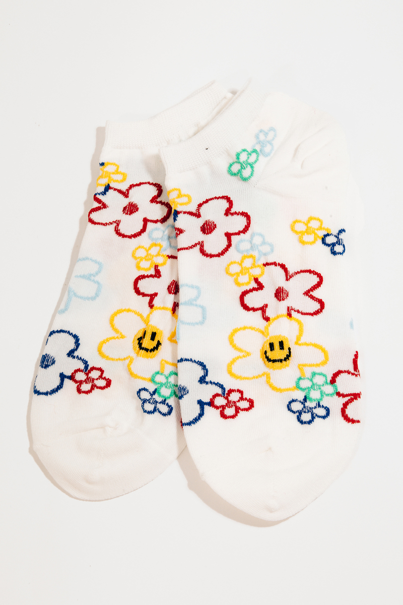 White Floral Outline Print Low Rise Socks
