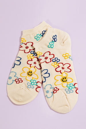 Ivory Floral Outline Print Low Rise Socks