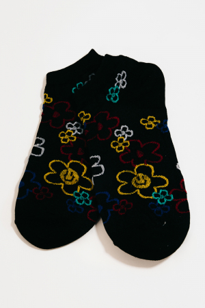 Black Floral Outline Print Low Rise Socks