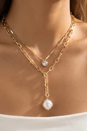 Crystal And Pearl Layered Paperclip Necklace