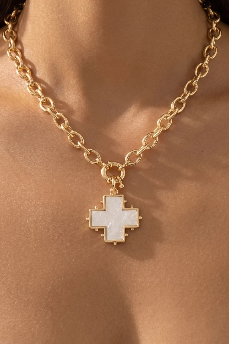 Mother Of Pearl Cross Pendant Necklace