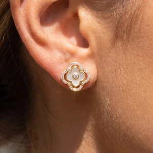 Mother Of Pearl Clover Stud Earrings With Cz