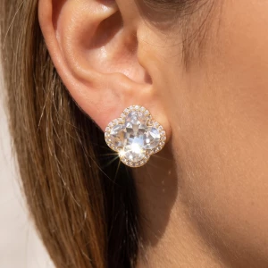 Faceted Crystal Clover Stud Earrings With Cz