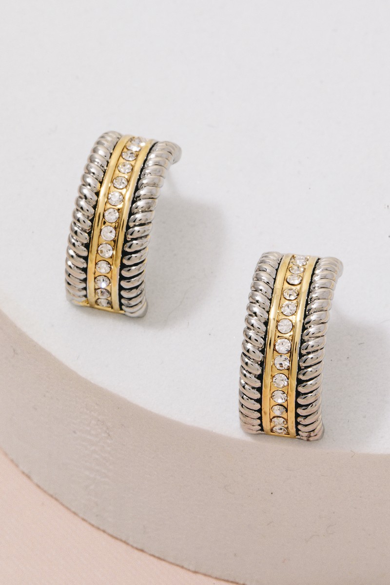 Two Tone Cz Pave And Rope Texture Layered Hoop Earrings