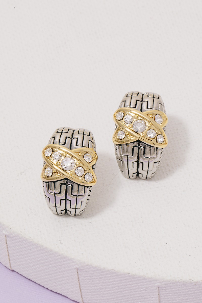 Two Tone Cz Pave X Wide Textured Hoop Earrings