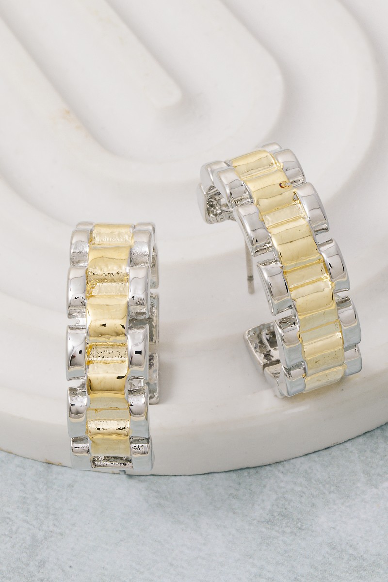Gold Plated Two Tone Watch Chain Hoop Earrings