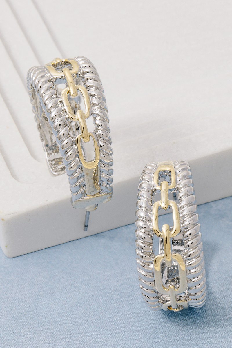 Gold Plated Two Tone Layered Chain Hoop Earrings