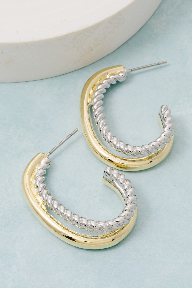Gold Plated Two Tone Layered Oval Hoop Earrings