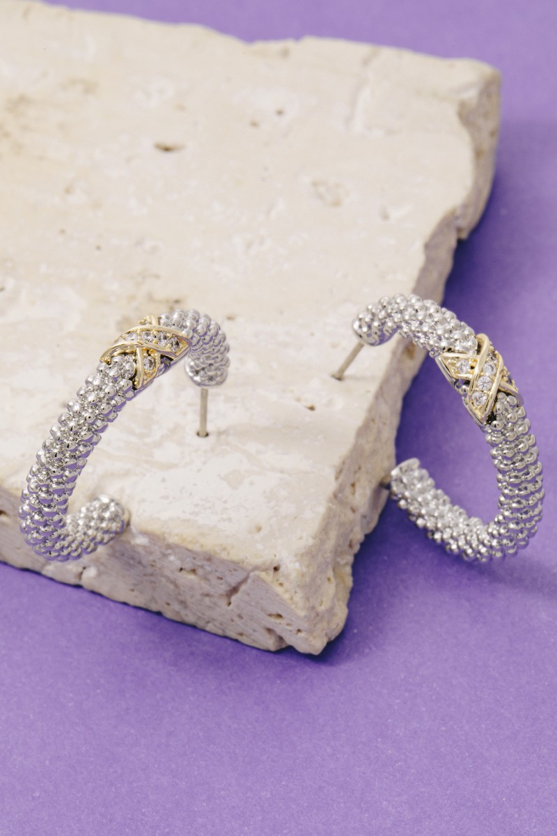 Gold Plated Cz Two Tone Textured Hoop Earrings