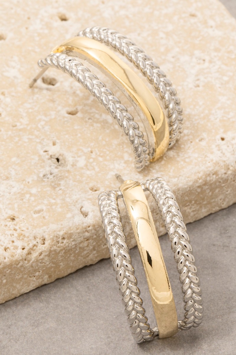 Gold Dipped Two Tone Layer Rope Pattern Drop Earrings
