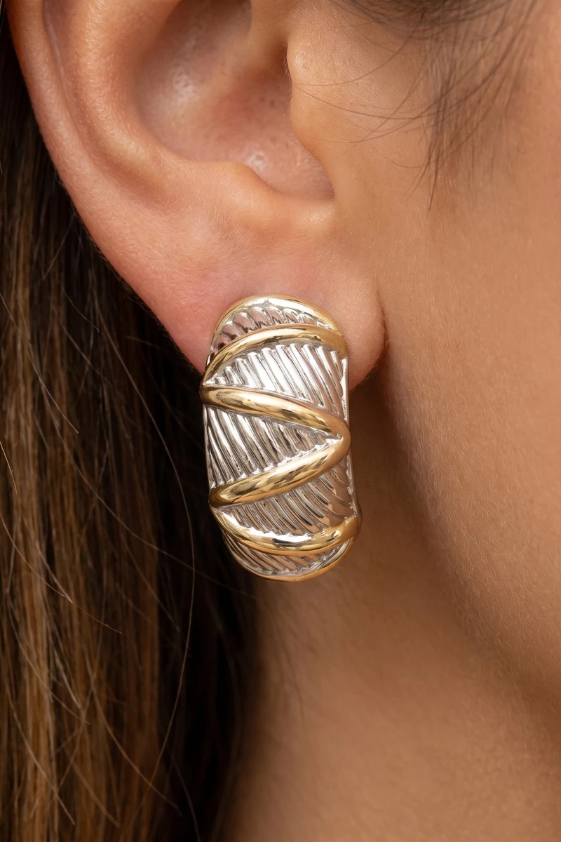 Two Tone Ribbed Chevron Dome Hoop Earrings