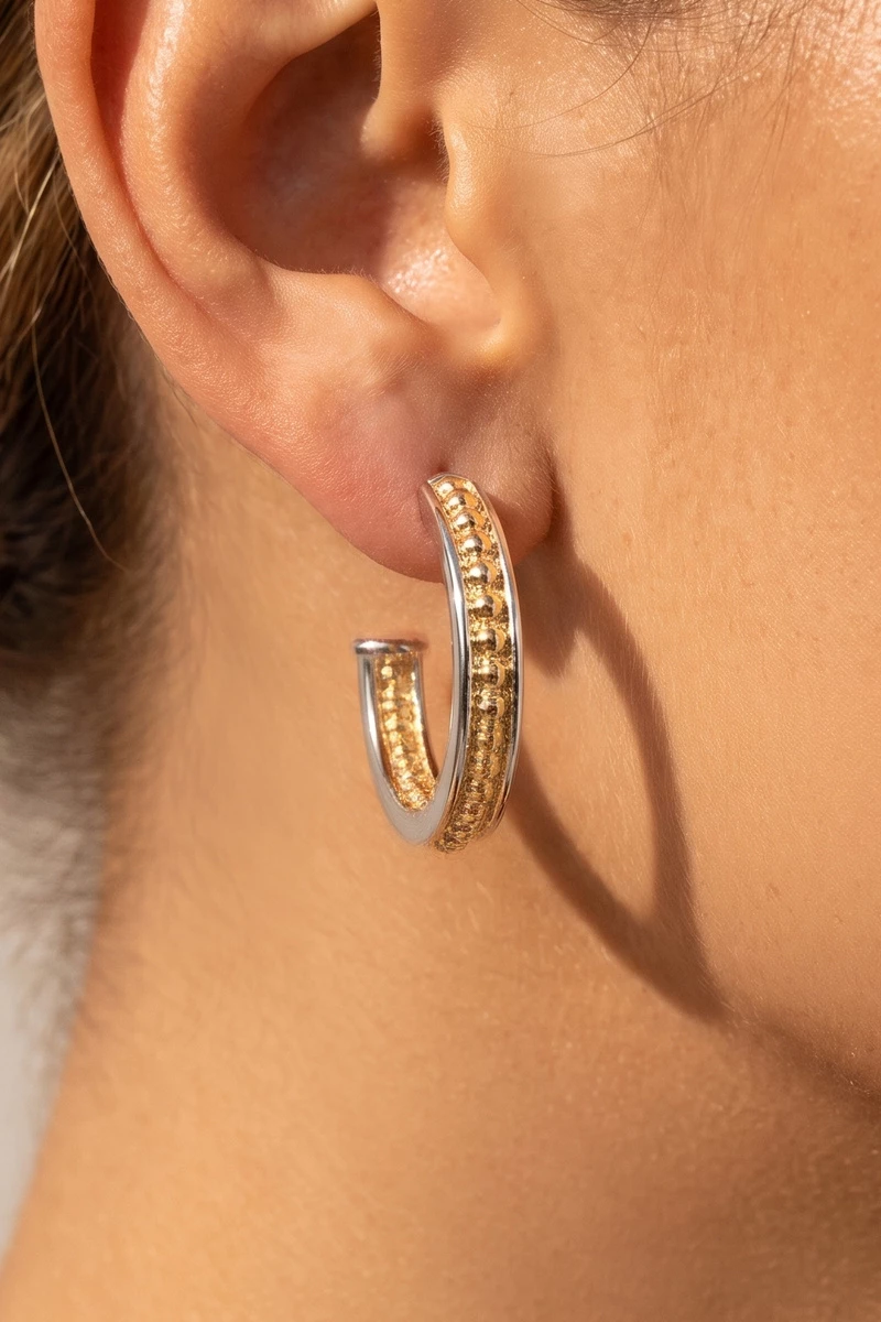 Two Tone Beaded Edge Chunky Hoop Earrings