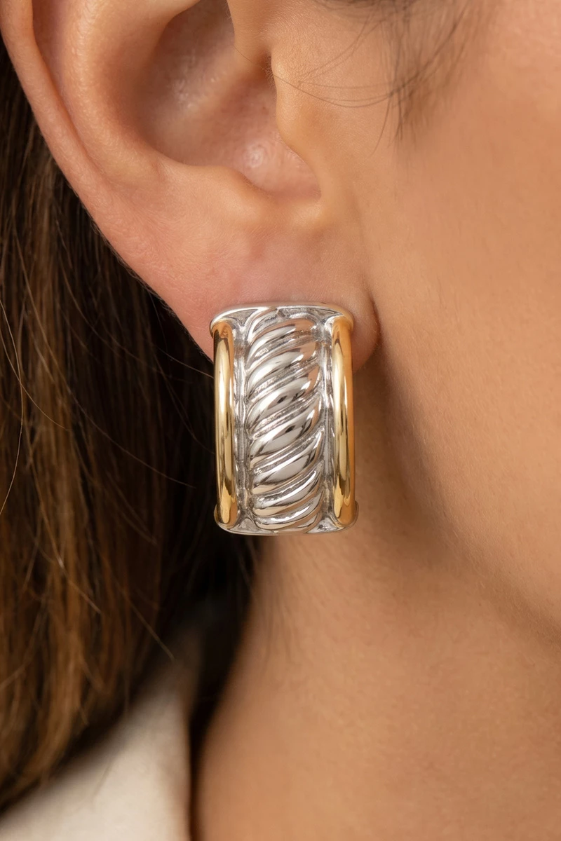 Two Tone Cable Twist Square Hoop Earrings