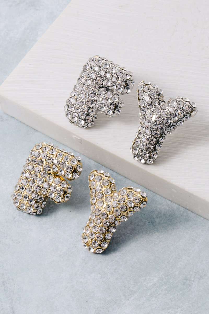 Chunky Rhinestone Pave Bubble Letter Stud Earrings