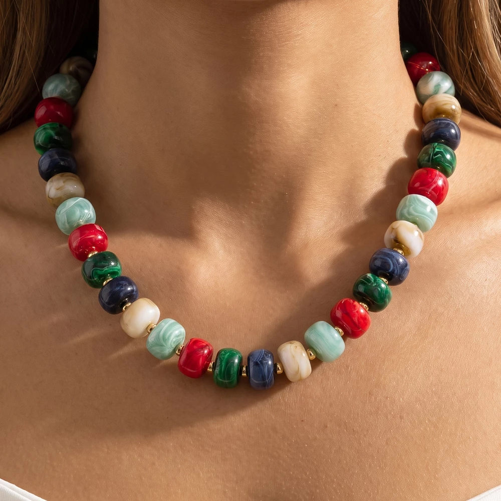 Multi Tone Marbled Rondelle Bead Chunky Necklace