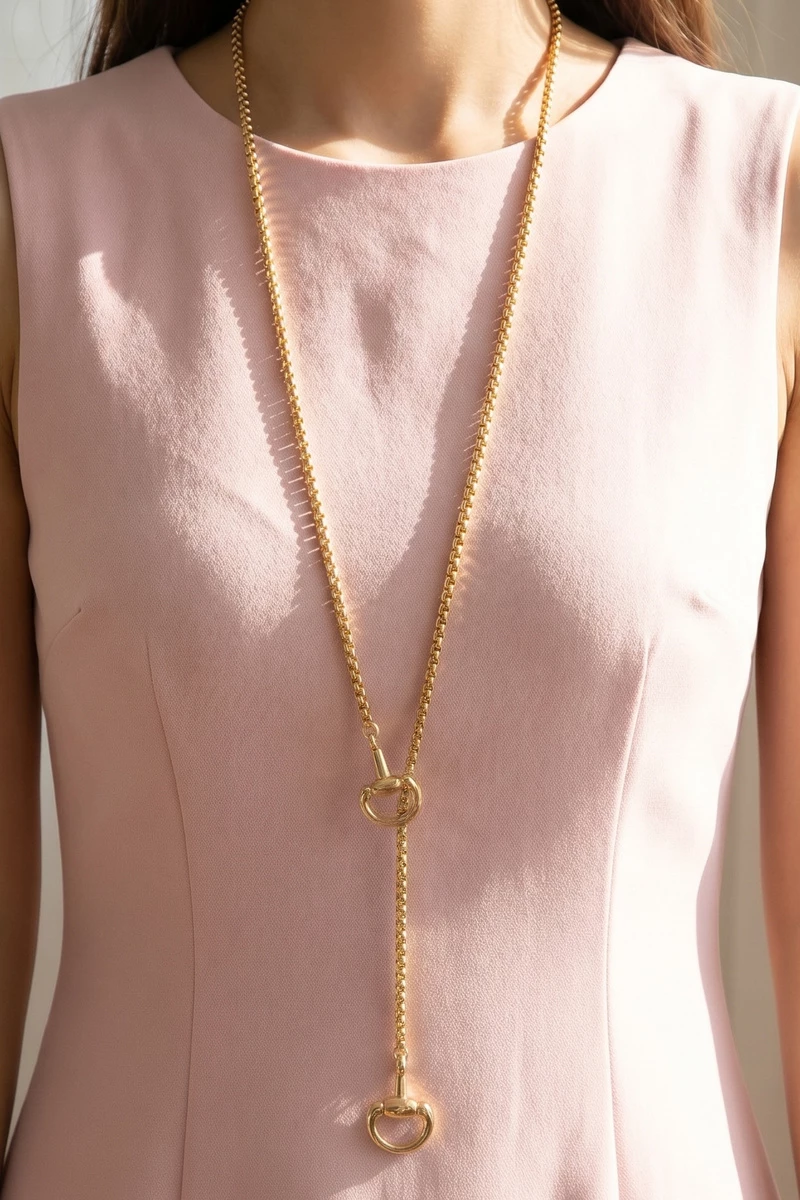 Box Chain Horsebit Drop Lariat Necklace
