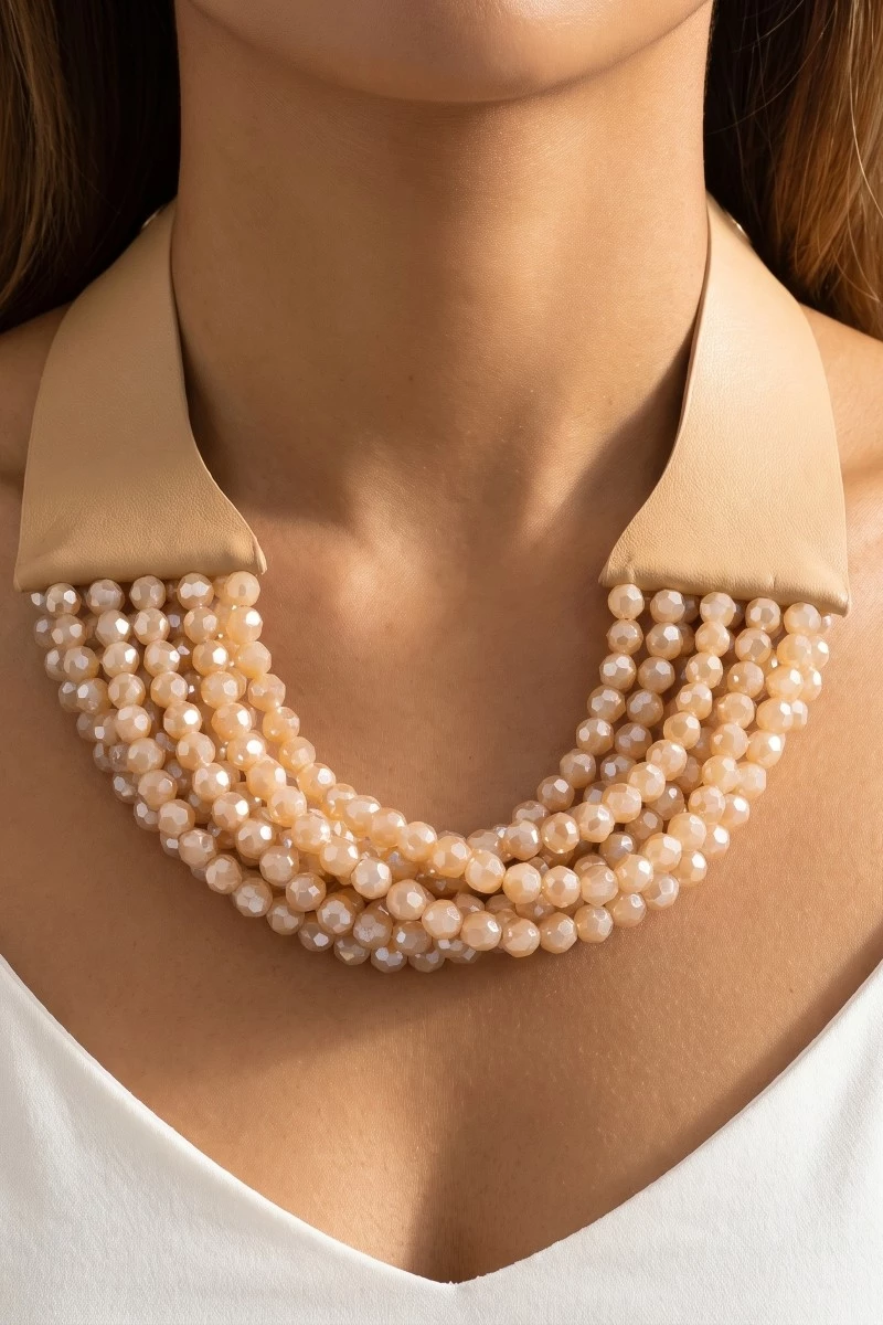 Faux Leather And Faceted Beads Statement Necklace