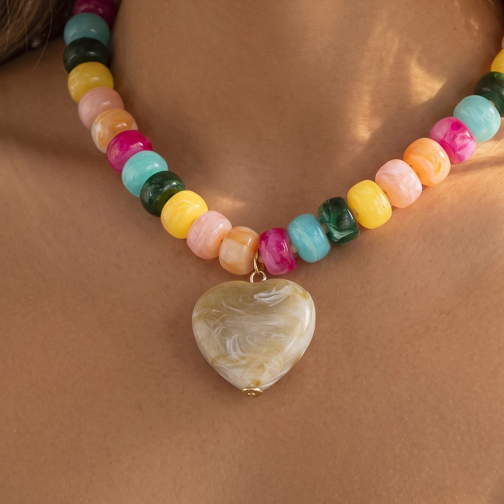 Chunky Bead Necklace With Marbled Heart Pendant