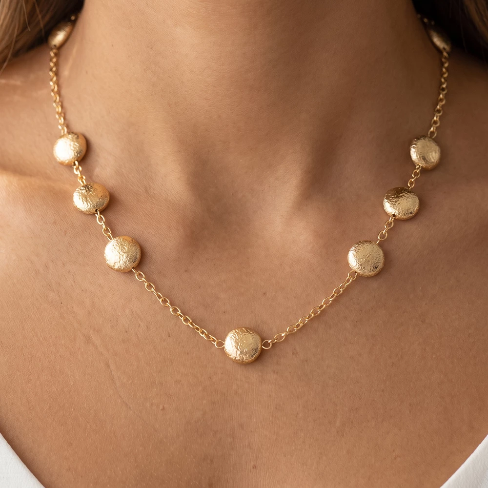 Textured Puffed Disc Station Chain Necklace