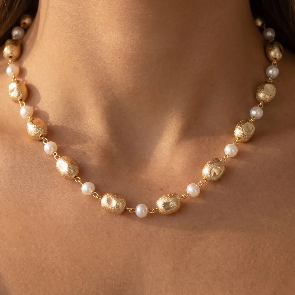 Brushed Oval Bead And Pearl Station Necklace