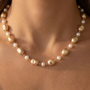 Brushed Oval Bead And Pearl Station Necklace