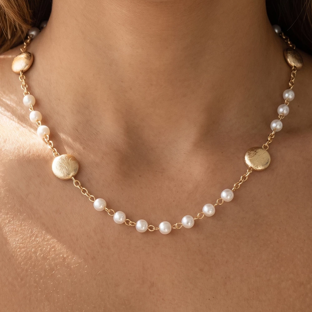 Brushed Coin Disc And Pearl Bead Station Necklace