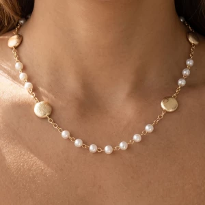 Brushed Coin Disc And Pearl Bead Station Necklace