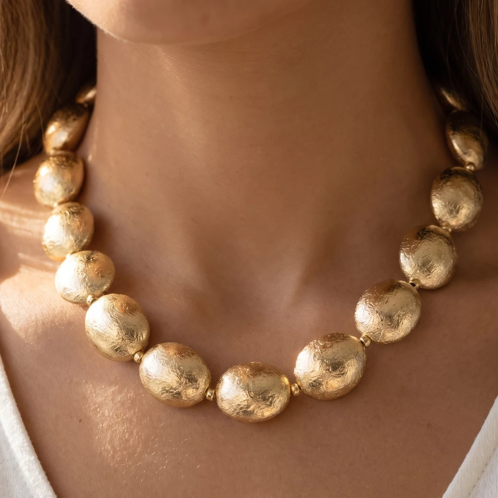 Chunky Brushed Oval Bead Collar Necklace