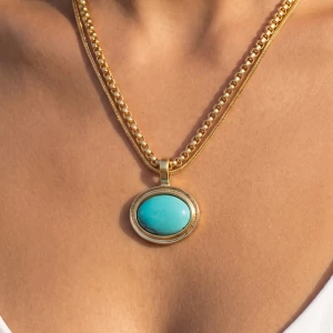 Oval Stone Pendant Double Layer Chain Necklace