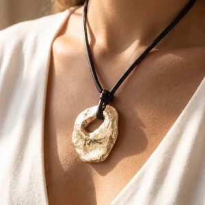 Cord Necklace With Hammered Organic Disc Pendant