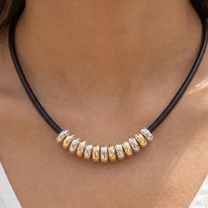Rubber Cord Necklace With Two Tone Ring Beads