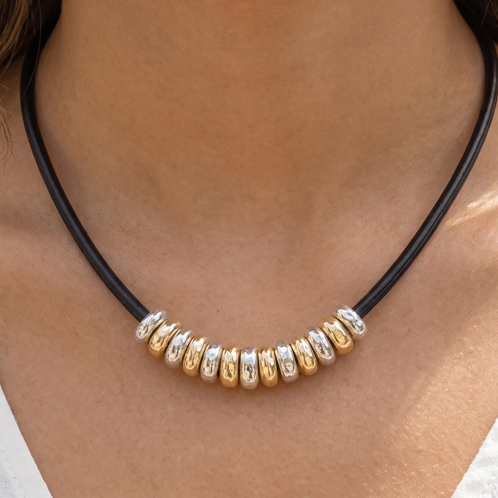 Rubber Cord Necklace With Two Tone Ring Beads