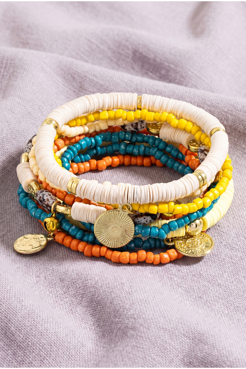 Boho Heishi Coin Charm Stretch Bracelet Set