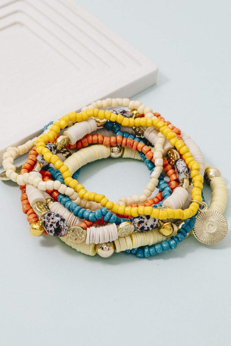 Stone And Coin Charms Mixed Beaded Bracelet Set