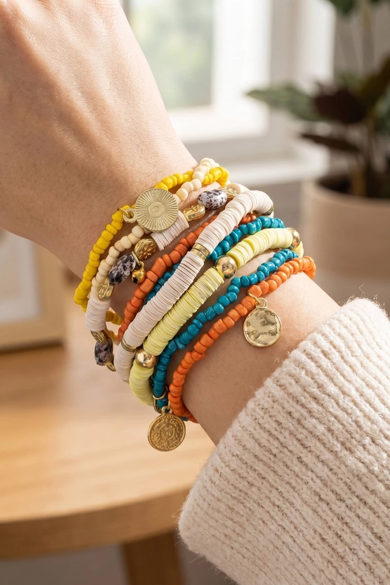 Stone And Coin Charms Mixed Beaded Bracelet Set
