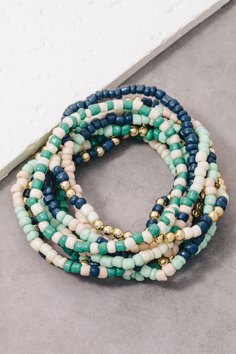 Mixed Mint And Blue Tones Seed Beaded Bracelet Set