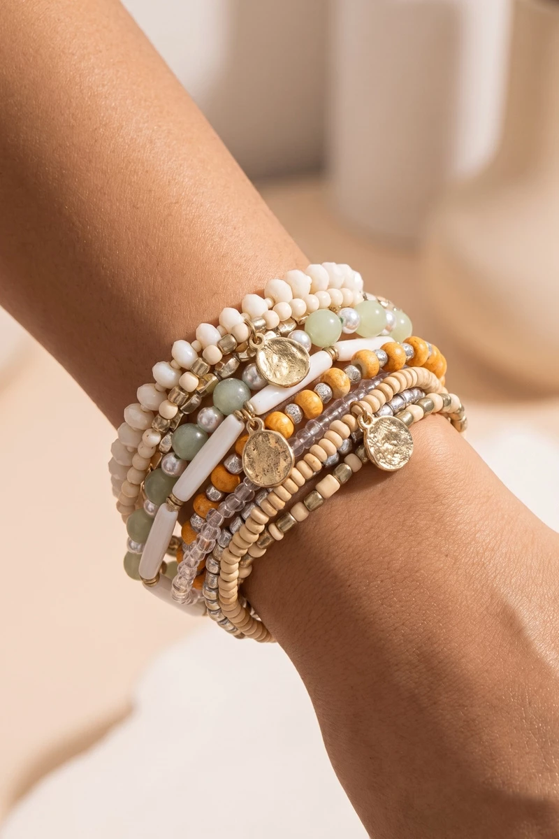 Boho Coin Charm Beaded Bracelet Stack Set