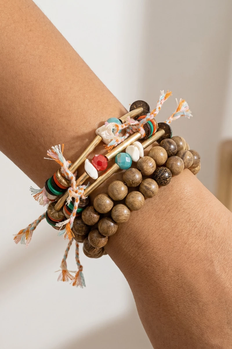 Wood And Stone Bead Wrap Bracelet