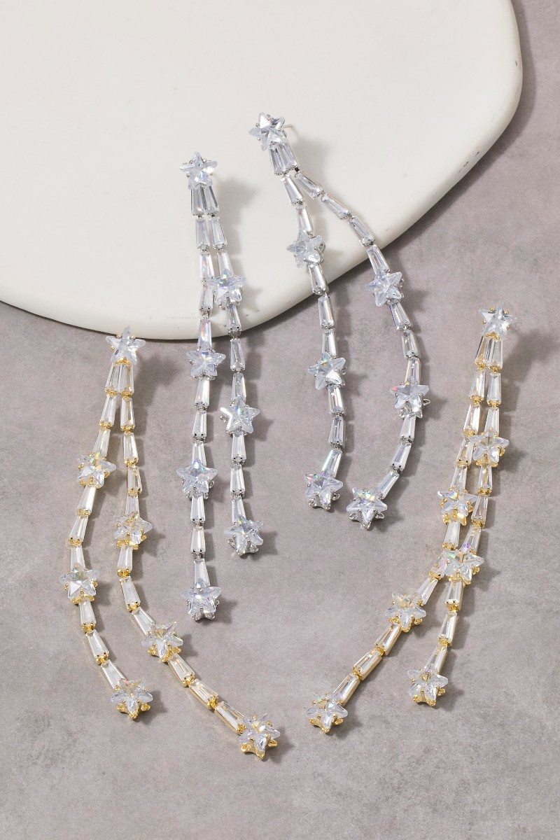 Star And Baguette Gems Chain Dangle Earrings